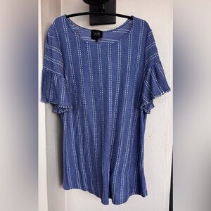 W5 Womans Top Blue Short Flutter Sleeve White Stripes Pullover Round Neckline 2X